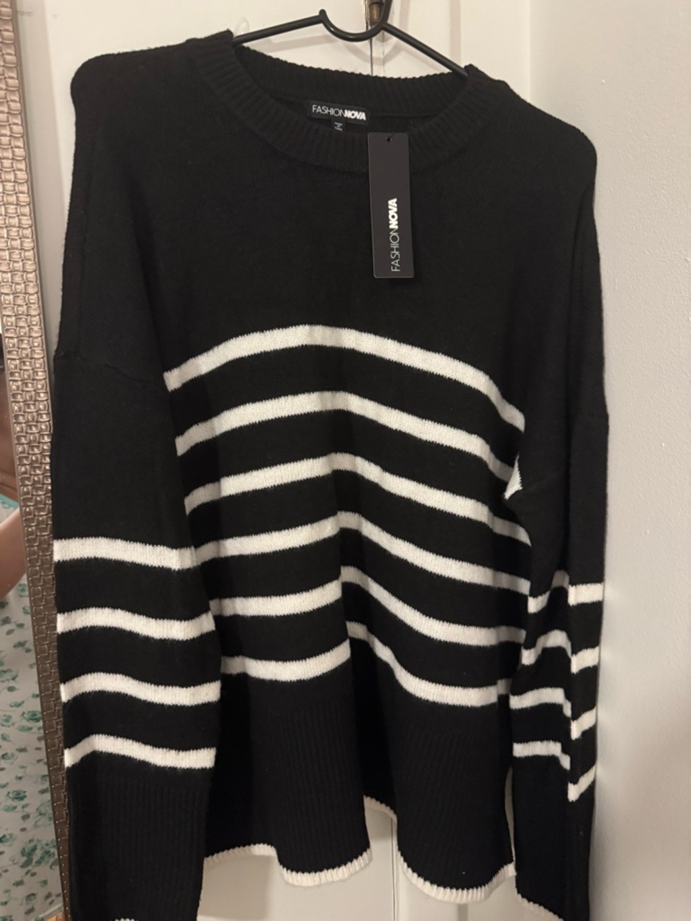 Fashion Nova Black and White Striped Crewneck Sweater